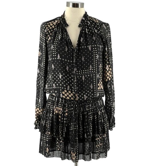 Current Air Black Gold Star Dot Print Long Sleeve Tiered Skirt Boho Mini Dress S - Picture 1 of 14